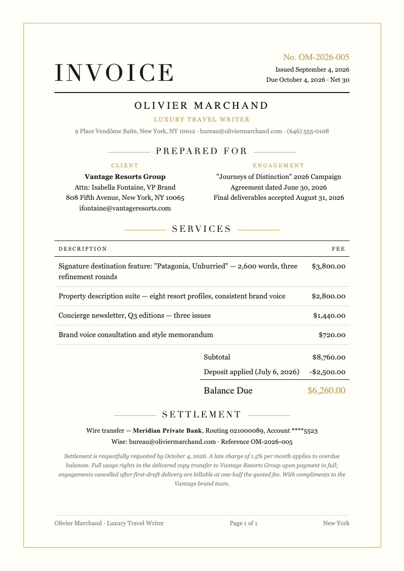 Luxury premium freelance writer invoice
